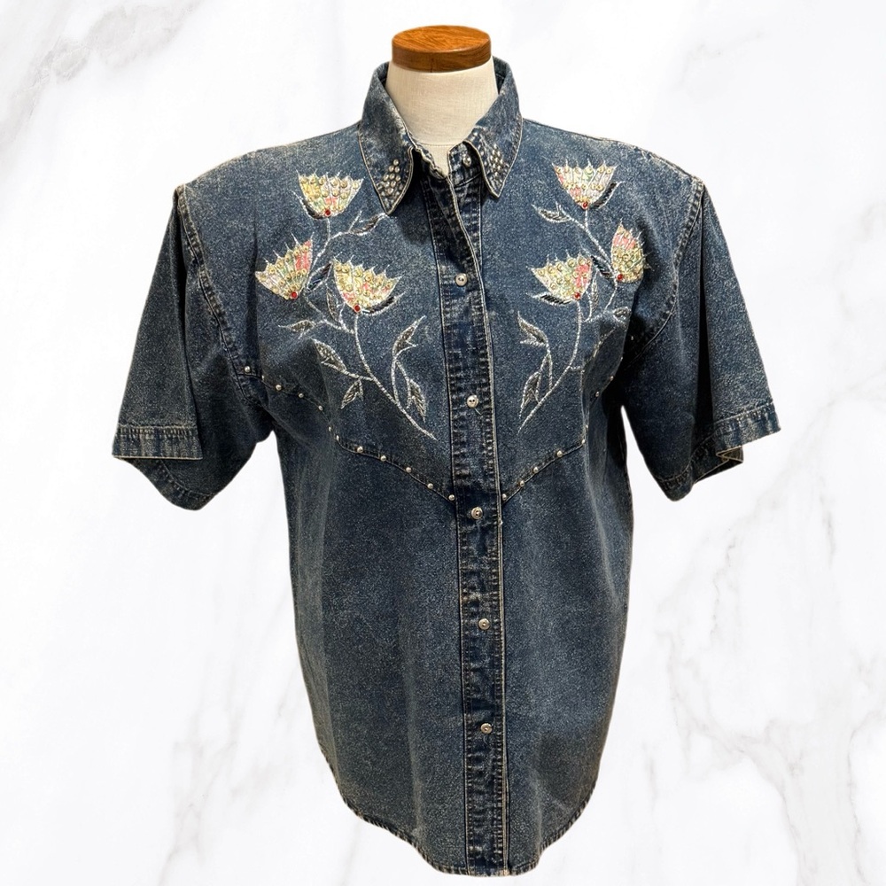 Vtg Pretty Bleu Acid Wash Bedazzled Button Up Denim Shirt, Size S‎